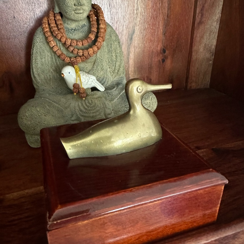 Brass Duck Figurine on Wooden Base